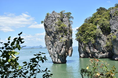 Scenic view of rocks in sea against sky