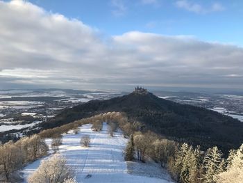 Scenic view of snow covered land against sky