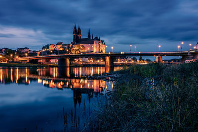 View at the blue hour on meissen with castle hill, cathedral and albrechtsburg, germany.