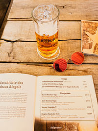 High angle view of beer on table