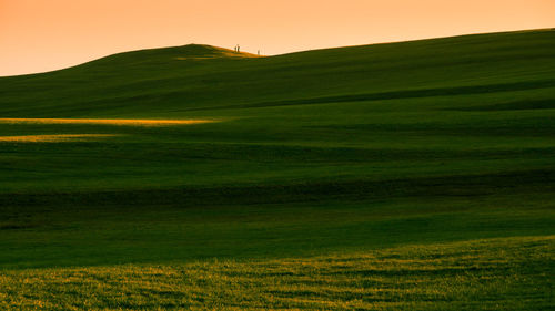 Scenic view of green landscape against sky during sunset