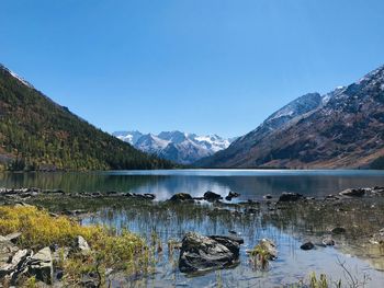 Scenic view of lake and mountains against clear blue sky