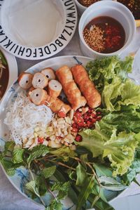 High angle view of meal served on table