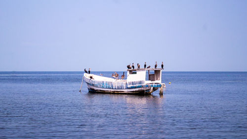 Boat sailing in sea against clear sky