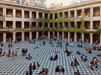 High angle view of people outside building