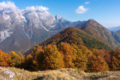 Scenic view of mountains against sky during autumn