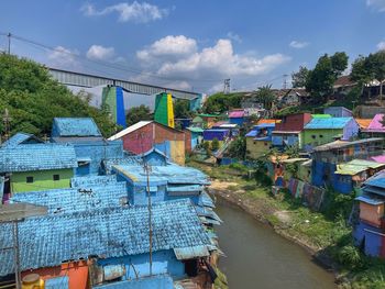 High angle view of townscape against sky, blue village in malang, indonesia