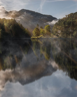 Scenic view of lake by trees against sky