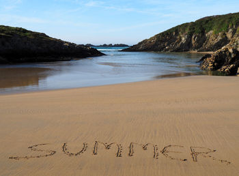 Text on beach against sky