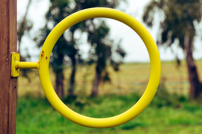 Close-up of a yellow basketball hoop