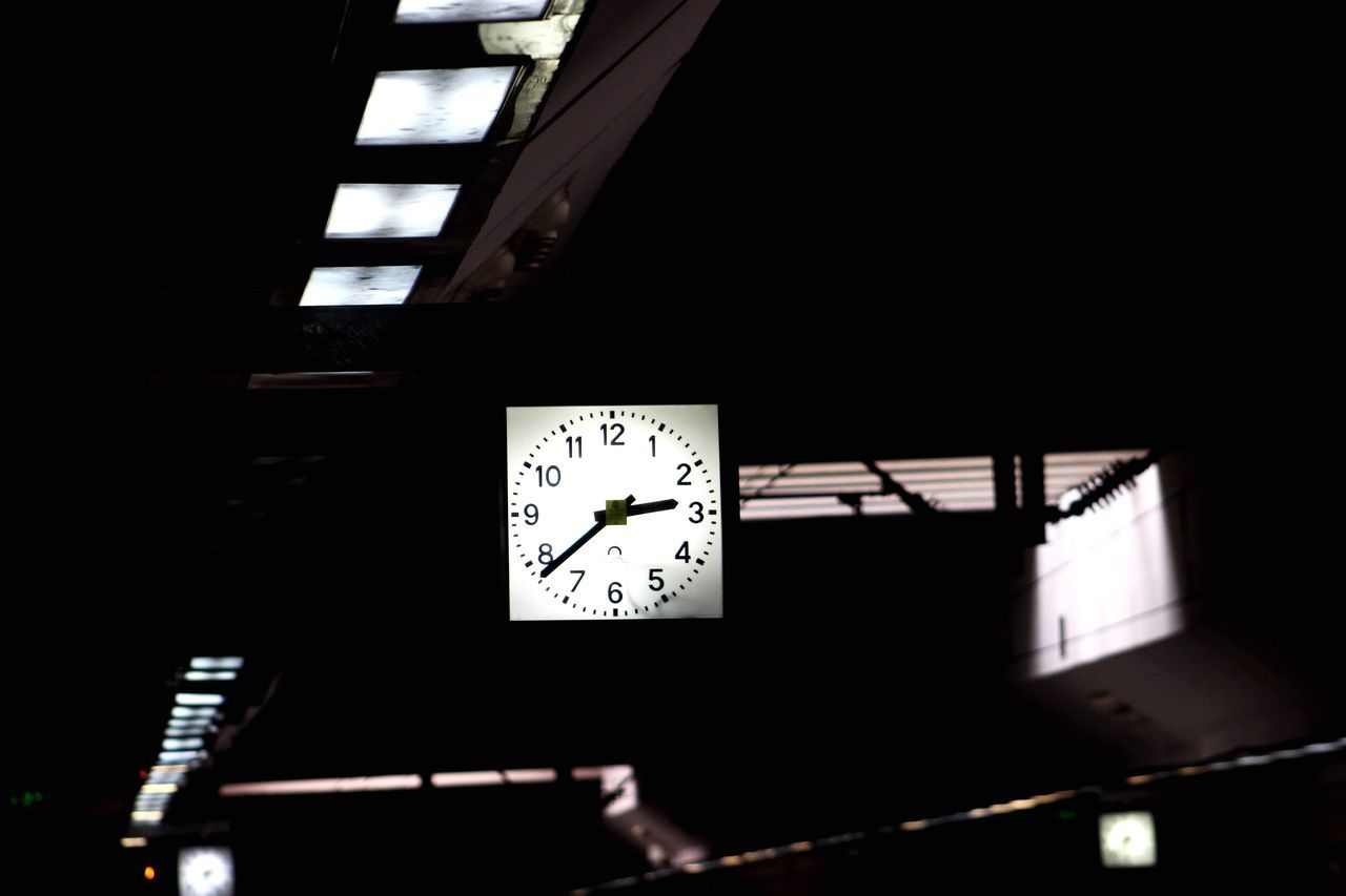 clock, time, low angle view, indoors, no people, illuminated, night, minute hand, clock face