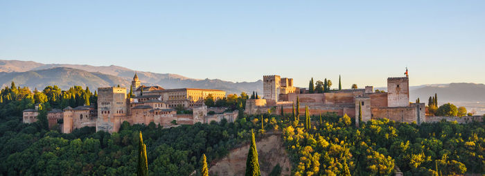 Panoramic view of buildings in city against clear sky