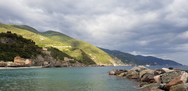 Scenic view of sea and buildings against sky