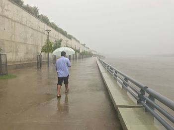 Rear view of man walking by sea against sky