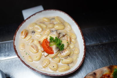 High angle view of food served on table