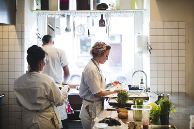 Multi-ethnic chefs preparing food in kitchen at restaurant