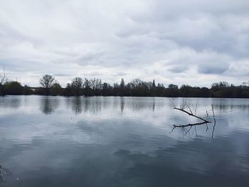 Scenic view of lake against cloudy sky