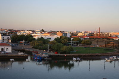 Scenic view of river by buildings against sky