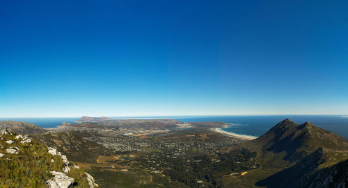 Scenic view of sea and mountains against clear blue sky