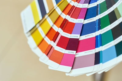 Close-up of multi colored umbrellas on table against wall