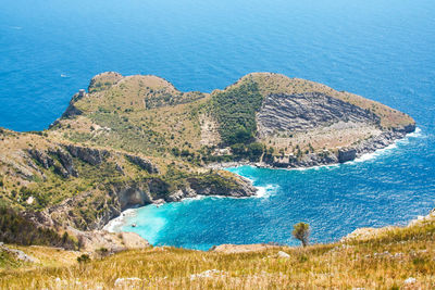 High angle view of bay and rocks