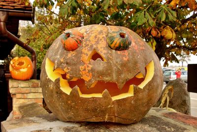 Close-up of pumpkin on stone wall during halloween