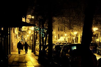 People on illuminated street in city at night