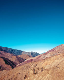 Scenic view of mountains against clear blue sky