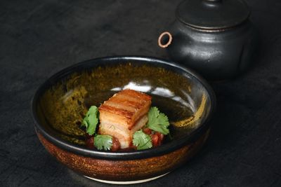 High angle view of food in plate on table