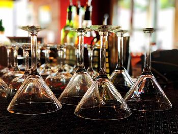 Close-up of wine bottles on table