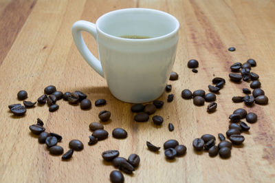High angle view of coffee beans on table
