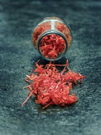 High angle view of red chili peppers on table