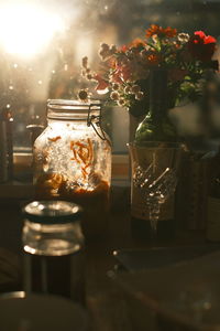 Close-up of kimchi glass jar on table