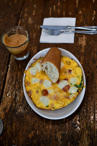 High angle view of breakfast served on table