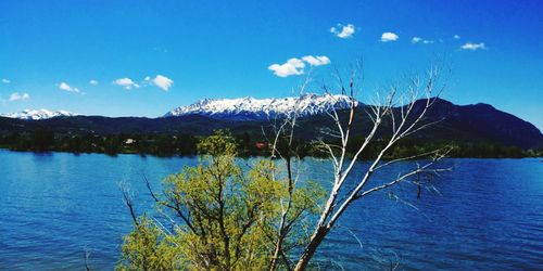 Scenic view of lake against blue sky