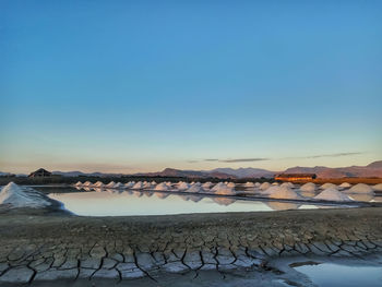 Beautiful view of the salt mines with clear blue sky towards night.