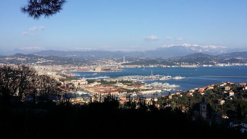 High angle view of city by sea against sky