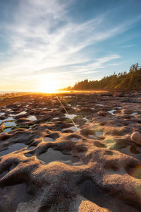 Scenic view of land against sky during sunset