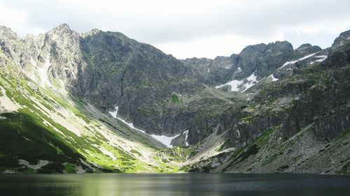 Scenic view of lake against cloudy sky