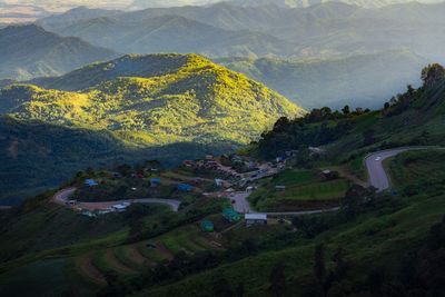 High angle view of landscape and mountains