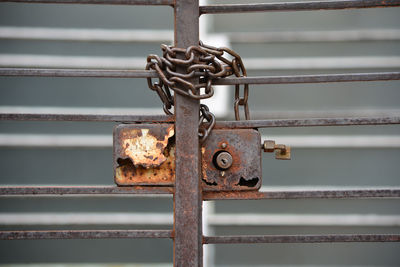 Close-up of padlock on metal fence