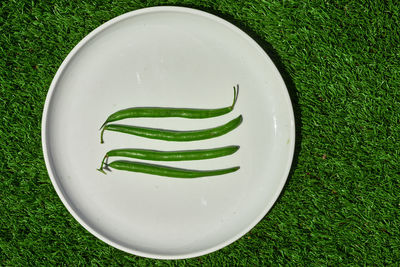 Directly above shot of green beans in plate on grass