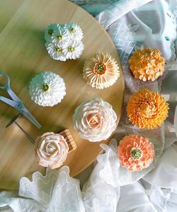 High angle view of roses on table