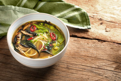 High angle view of soup in bowl on table