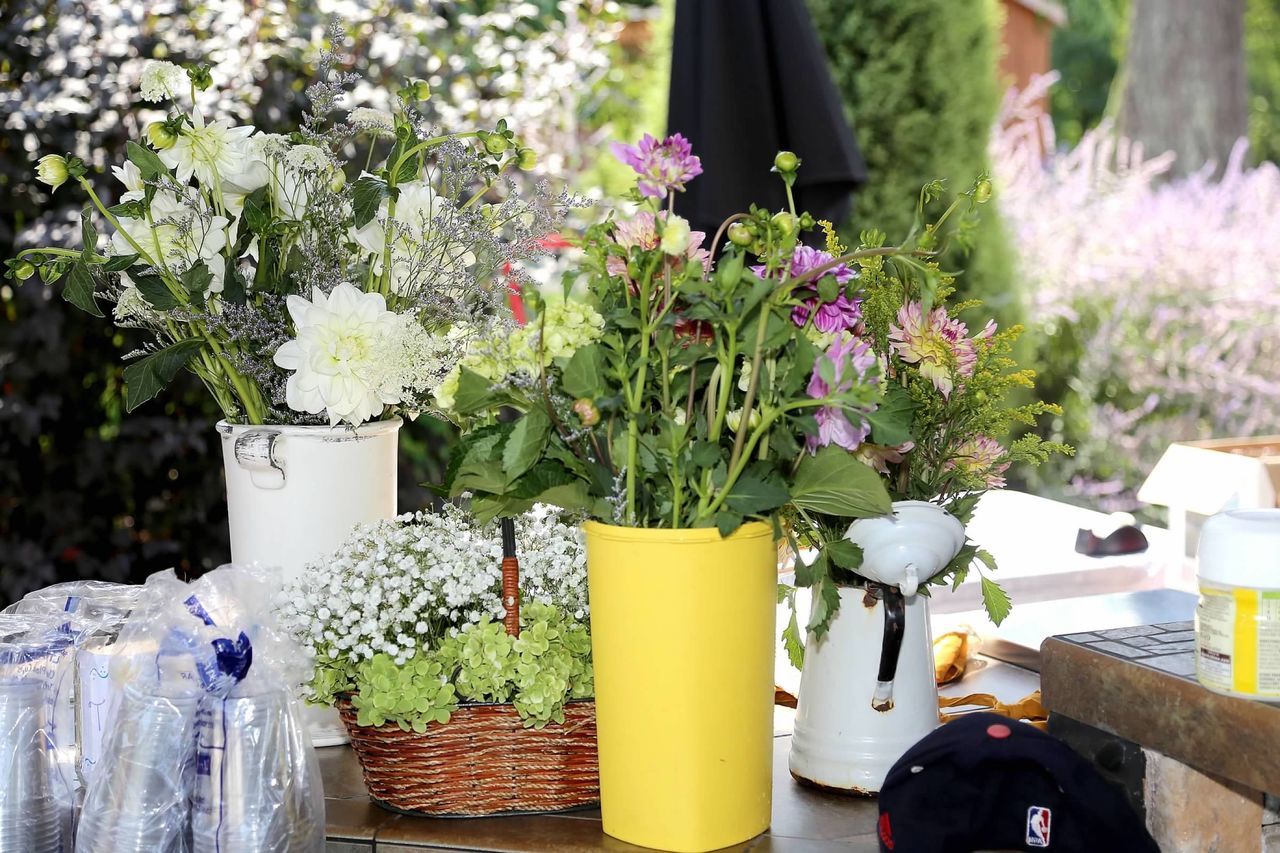 plant, flowering plant, flower, nature, floristry, table, container, no people, freshness, potted plant, growth, spring, day, outdoors, floral design, beauty in nature, vase, arrangement, centrepiece, flowerpot, seat, chair, gardening, yellow, flower head, springtime, flower arrangement