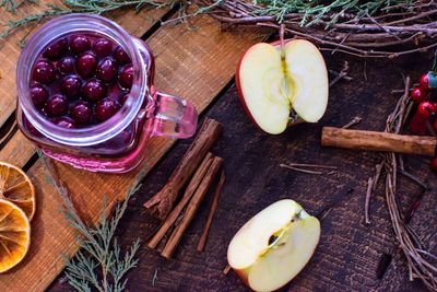 High angle view of fruits in jar on table
