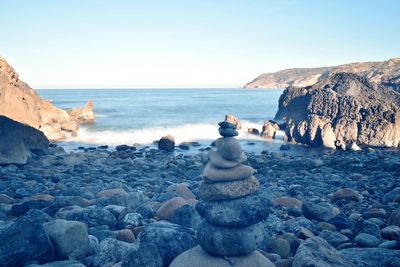 Rocks on sea shore against sky