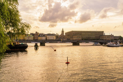 Skyline and waterfront of gamla stan and the royal palace at sunset