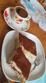 High angle view of cake in plate on table