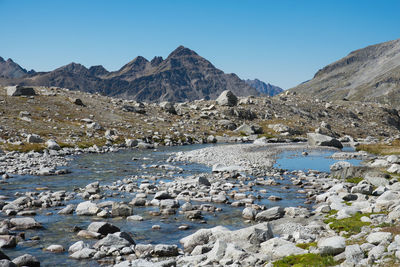 Scenic view of sea and mountains against clear sky